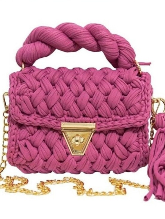 Handbags - Woven Pink Rope-Handle Crossbody Bag with Gold Chain